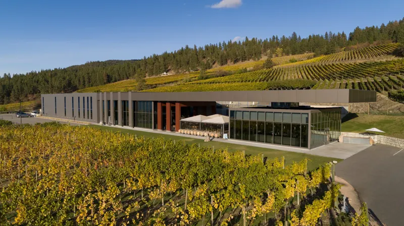 The 50th Parallel Estate winery building set in its vineyard, Lake Country, BC
